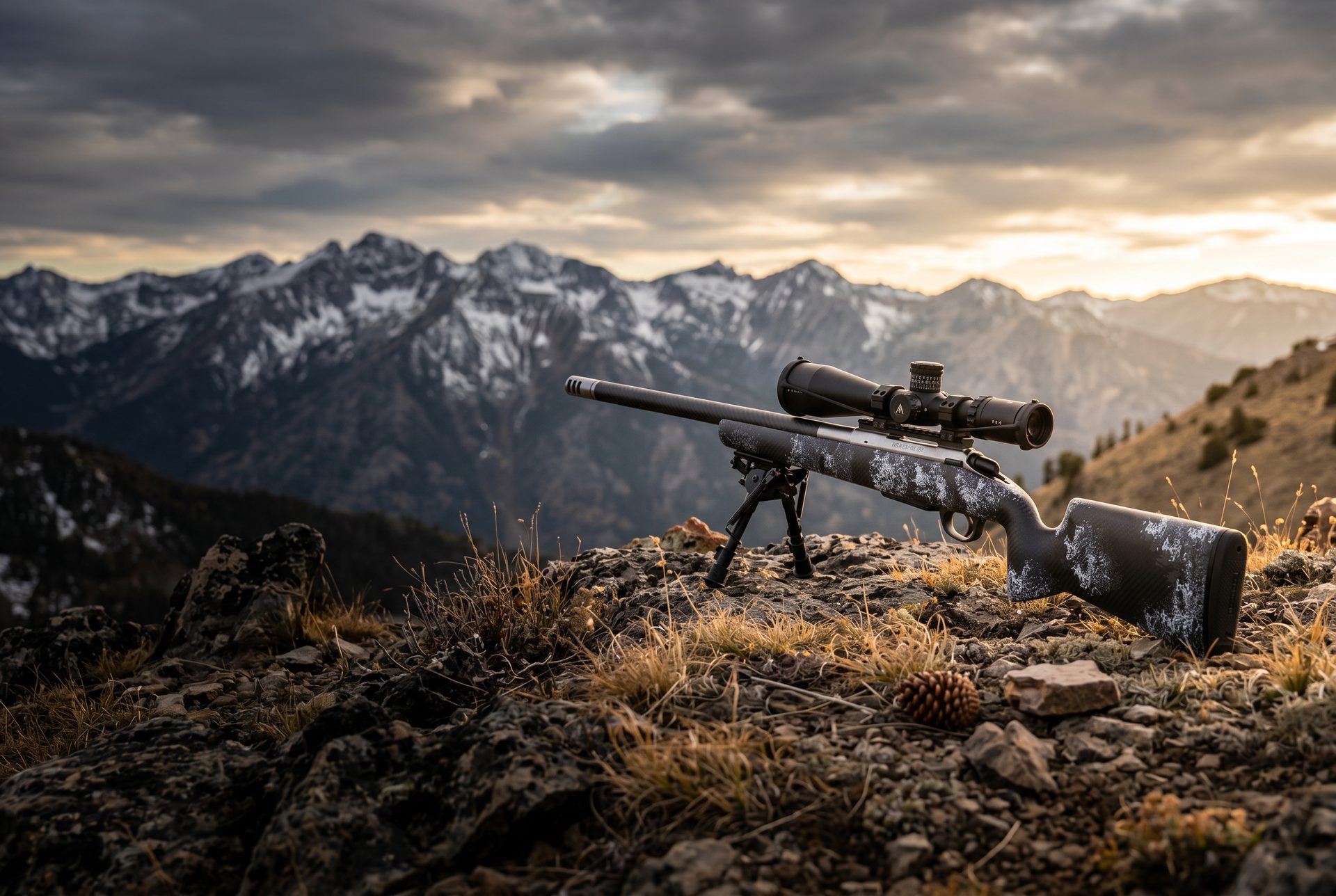 Custom Workhorse bolt-action hunting rifle on a rocky mountain ridge at golden hour
